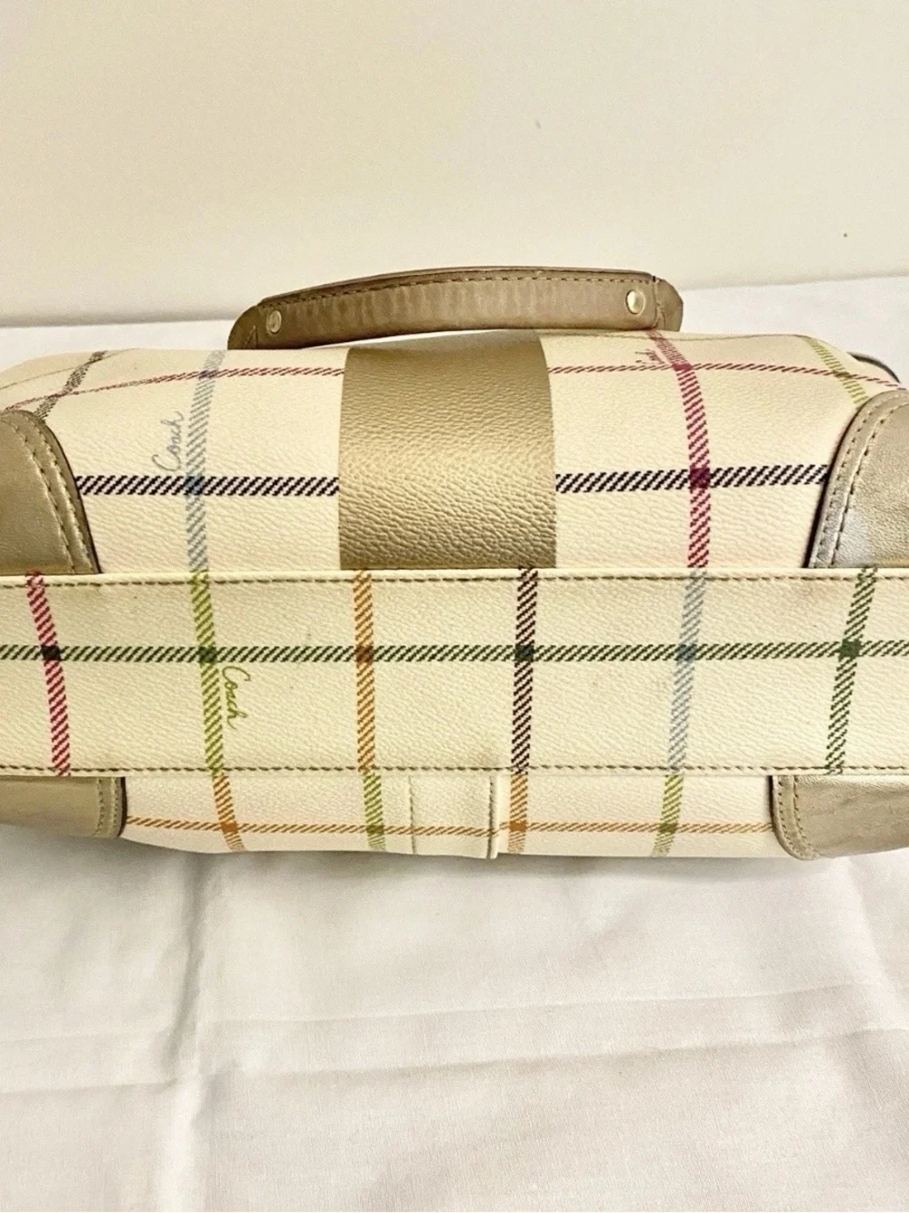 COACH Heritage Plaid Tote Bag Shoulder Purse Gold Trim 13033